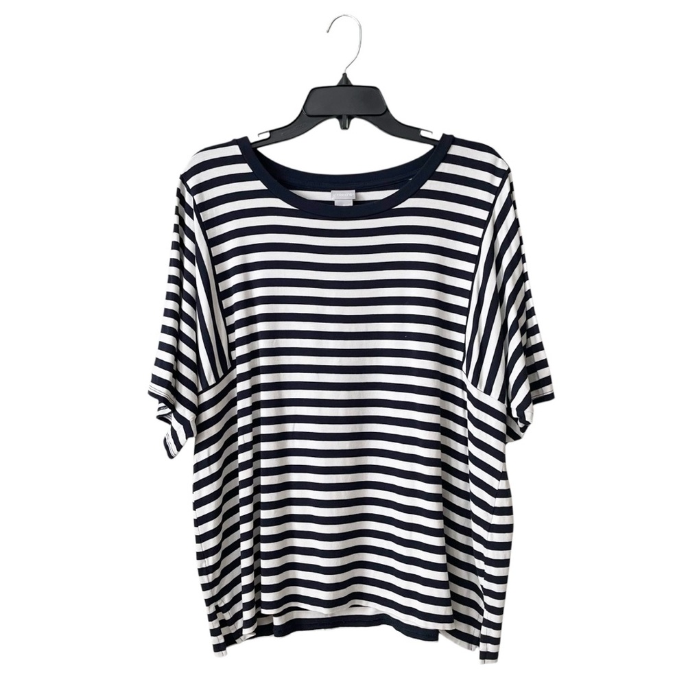 Chicos Stripe Stretch Tee Women's Size XL Navy Blue White Short Sleeve Rayon Top
